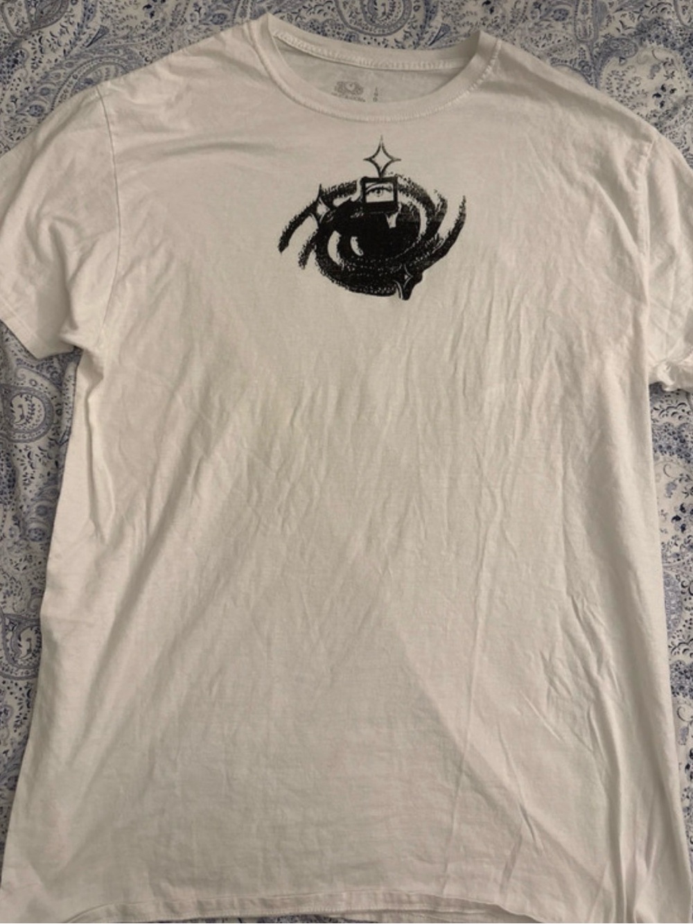 White Graphic Crewneck T-Shirt with Small Black Chest Print